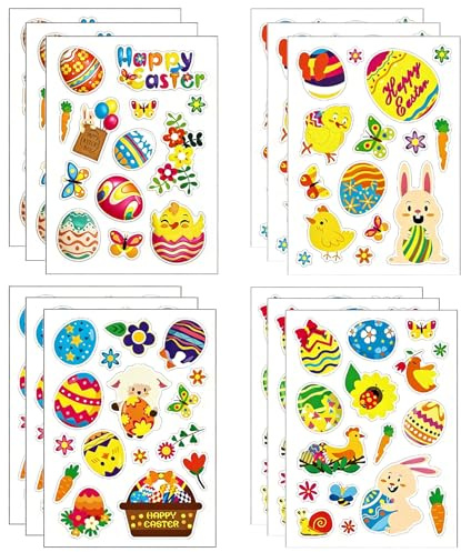 12 Stück Aufkleber Ostern, Selbstklebend Ostereier Sticker, Osteraufkleber mit Osterhasen Küken, Ostergeschenk für Kinder, Osterdeko Aufkleber, Ostersticker für Scrapbooking Osterkarte DIY Basteln