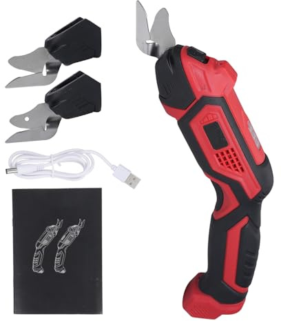 Horett Elettriche Forbici per Tessuto LED Taglierina Cordless 4.2V 2000mAh Batteria senza fili per Taglio Veloce di Tessuti, Pelle, Tappeti, Cartone in e Rosso (con lama in lega (2 pezzi))
