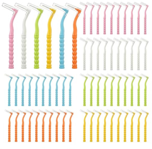 Lot de 60 brosses interdentaires, brosses dentaires en forme de L, brosses dentaires | Brosses à dents interdentaires, brosse à fil dentaire, cure-dents coudé pour le nettoyage, 6 tailles et couleurs