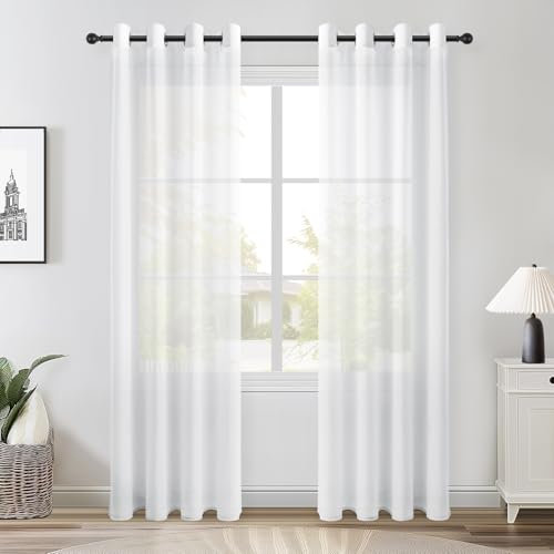 Topfinel Gardinen Wohnzimmer Stores Gardinen mit Ösen Weiß Voile Vorhang Halbtransparent Moderne Leinenoptik Vorhänge Kinderzimmer Gardine Kurz Fenster 215x140 cm (HxB) 2er Set