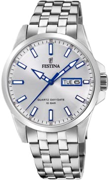 Festina Herrenuhr Analog aus Edelstahl 316l Silberfarben | Quarzwerk, Kalender, Widerstandsfähiges Mineralglas, Wasserdicht 10 ATM F20357/1
