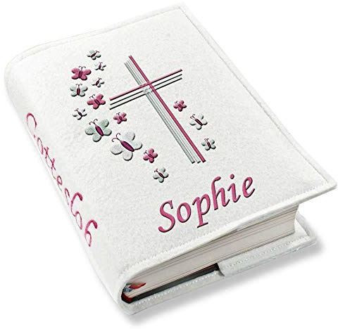 Gotteslob Gotteslobhülle Kreuz Schmetterlinge pink rosa Filz mit Namen bestickt hellgrau weiß dunkelgrau blaugrau dunkelblau türkis maigrün flieder Mädchen, Farbe:weiß
