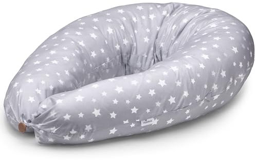 Niimo XXL 2-in-1 Schwangerschaftskissen & Stillkissen - 100% Baumwollbezug mit Faserfüllung, 100% Waschbar, Ergonomisch & Multifunktional, Grau mit weißen Sternen (200 x 70 cm)