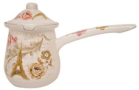 SLHP Turkish Coffee Pot 0.7 l Mini Enamel Milk Pot 0.5 l Vintage Butter Pot with Lid (400ml, White)