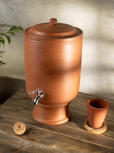 Village Decor Pentola per l'acqua fatta a mano in terracotta, include coperchio in argilla, vetro e supporto, sottobicchiere in legno e rubinetto in acciaio inossidabile (capacità 6,75 g)