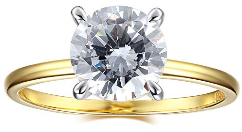 18K Gold Plated Sterling Silver Round Cut 2 Carat Cubic Zirconia Solitaire Engagement Ring | Women's Thin Band CZ Promise Ring