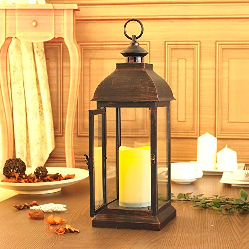 WRalwaysLX, Lanterna decorativa con candela LED dalla fiamma tremolante, gigante (41 cm), con timer, per esterni, giardino e interni, con anta apribile, in plastica, color bronzo (quadrata e gigante)