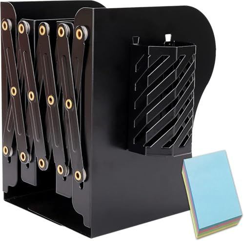 Qualsen Verstellbar Buchstütze Metall für Schule Bibliothek, Schwarz x 1 | 50 cm Ausziehbare Buchstützen mit Stifthalter, für Zuhause, Büro, Bibliothek, Rutschfeste Verstellbare Bücherhalter