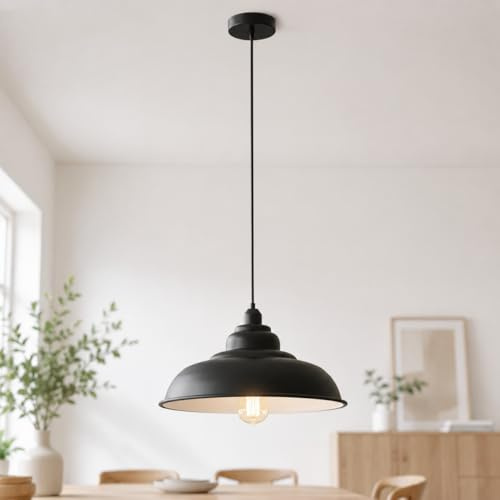 DC VOLTAGE Vintage Style Black Metal Ceiling Pendant Light 32cm W Curvy Shape Industrial E27 Large Lamp Shade Fitting Fixtures Easy Fit Decor for Island Kitchen Bedroom Cafe Living Room | Vintage Style Industrial E27 Large Lamp Shade Fitting Fixtures Easy Fit Decor | For Island Kitchen Bedroom Cafe Living Room