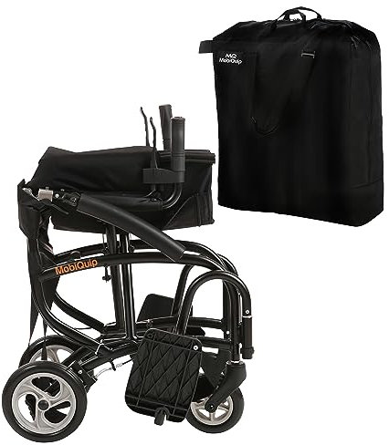 MobiQuip Lightweight Travel Wheelchair, 8kg - Black Aluminium Compact Folding Frame with Travel Bag - Attendant-Propelled Mobility Wheelchair - with Flip-Up Armrests, Adjustable Leg Rests & Lap Belt