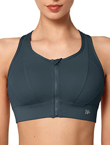 Yvette High Impact Zip Front Sports Bra for Women, Navy, L+