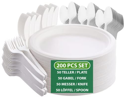 BIODORF Umweltfreundliche Einweggeschirr | 200 teilig (je 50 Zuckerrohr Teller, Kompostierbare Gabel, Messer und Löffel) | Plastikfrei | Biologisch abbaubar Partygeschirr set für 50 Gäste