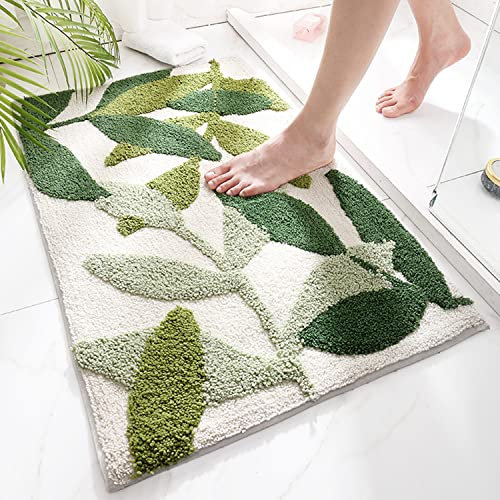 ZHAOMIMI Badteppiche 45x65 cm, rutschfeste Wasserabsorbierenden, Weichen Mikrofasern Badematte Grüne Blätter-Muster für Wohnzimmer Schlafzimmer Badezimmer