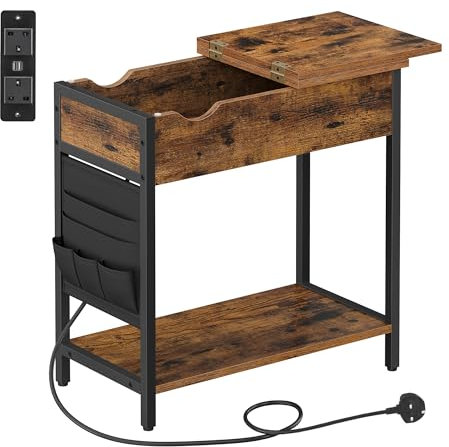 VASAGLE Slim Side Table with Charging Station, Narrow Bedside Table with Storage, End Table with USB Ports, Outlets, Fabric Bags, for Living Room, Bedroom, Rustic Brown and Black LET309B01