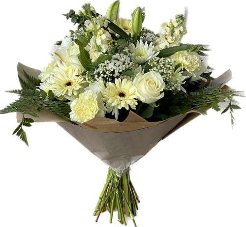 Fresh White Serenity Bouquet with Roses, Lilies, Gerberas, and Carnations - Cut Flower Arrangement Floral Gift for Weddings, Sympathy, Get Well, Housewarming, Bithday