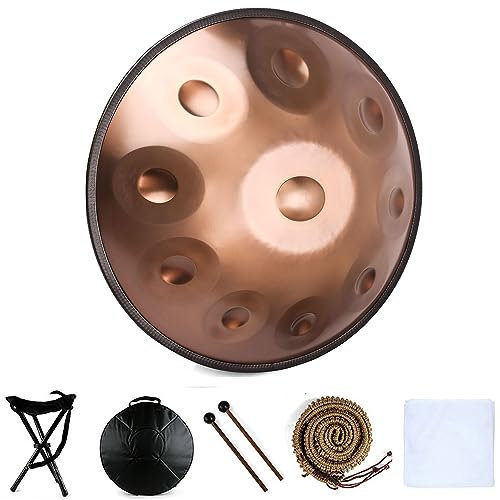 Handtrommel, Handpan-Drum-Instrument In D-Moll 9/10/12 Noten 56cm Stahl-Handpan-Trommel Mit Handpan Tasche, 2 Schlägeln Und Handtrommelständer (Color : Gold - 9 Notes, Size : 440hz)
