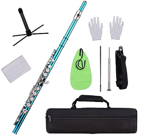 C-Flöte mit geschlossenem Loch, 16 Tasten, vernickeltes Kupfernickel-Blasinstrument mit Tragetasche, Flötenständer und Handschuhen Flöteninstrument (Color : Blue Green)