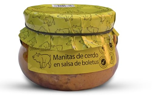 Pieds de porc 610grs. Recette familiere et artisanale. Pieds de porc à la sauce aux cèpes. Conserves gourmandes. Cadeau original pour tout le monde. 100% fabriqué en Espagne. Pieds de porc mijotés.