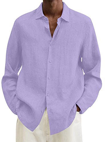 Camicia da uomo per il tempo libero, da uomo, casual, per il tempo libero, elegante, con bottoni, a maniche lunghe, in cotone e lino, blu cielo, per il tempo libero, Lilla, XXXXL