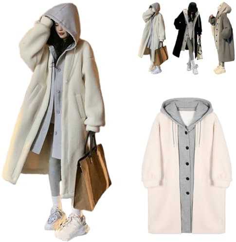 ZHONGLE 2-Lagen Faux Lambswool Kapuzenmantel Jacke,Winter Frauen Langes Kleid mit Kapuze Fleece Knopf Outwear,Frauen Fleece Jacke (Beige,Medium)
