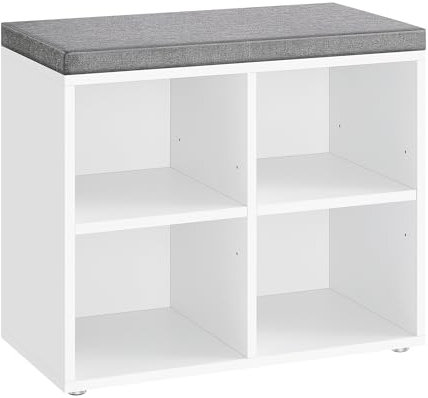 VASAGLE Shoe Bench, Storage Bench with Padded Seat, with Cushion, 4 Compartments, Adjustable Shelves, for Living Room, Hallway, 30.5 x 59.6 x 48 cm, Cloud White and Dove Grey LHS234W02