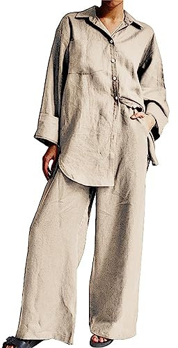 Hosenanzug für Damen und Mädchen 2024, modisch, 2 Baumwoll-Leinen-Outfits für Damen, Sommer, elegant, Business-Arbeitsanzüge, Streetwear, Button-Down-Tops und Hosen, Anzug, Sweathosen und Oberteile