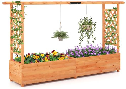 GOPLUS Lit de Jardin Surélevé avec Treillis, Jardinière Surélevée en Bois avec Toit Suspendu pour Plantes Grimpantes, Fleurs, Trous de Drainage pour Jardin, Terrasse (200x44x114cm)