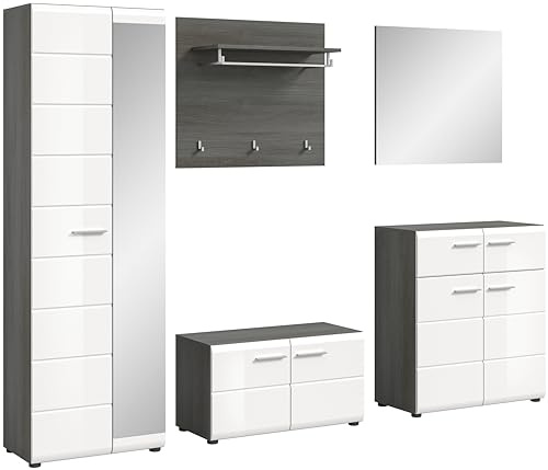 xonox.home - Garderobenkombination Salsa 5-tlg. Set 250x192x37 cm in Rauchsilber und weiß hochglanz - Flurmöbel Dielenmöbel Garderobenschrank Eingangsbereich