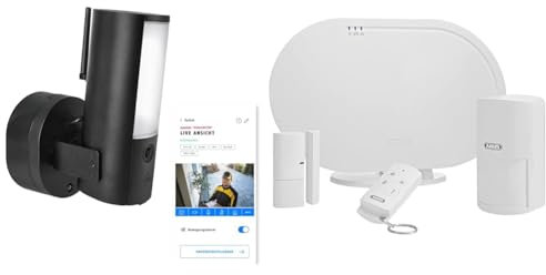 ABUS WLAN Licht Außen-Kamera (PPIC46520) & Funk-Alarmanlage Smartvest Basis-Set Einbruchmeldeanlage inkl. Bewegungsmelder & Öffnungsmelder - Testsieger - Fernzugriff iOS & Android App - weiß - 77442