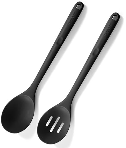 U-Taste 33,9 cm extra langer Silikon Löffel, 315℃ Hitzebeständiger BPA-freier Kochlöffel, antihaftbeschichteter massive und geschlitzter Servierlöffel zum Mischen Rühren Schöpfen (Schwarz)