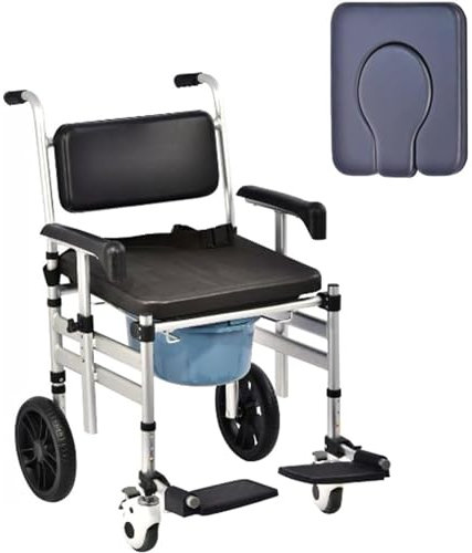 GTANND 3in 1 Bedside Commode Wheelchair With Handles Adjustable Padded Seat Detachable Bucket Portable Toilet Shower Wheels Chair With 2 Brakes Wheels