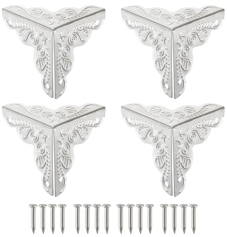 sourcing map 48 Pcs Box Edge Guard, 25mm Decorative Box Corner Cover, Corner Protector, Vintage Stair Dust Corners with Screws, Silver