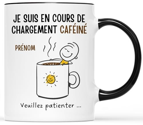 𝗖𝗔𝗗𝗘𝗔𝗨 𝗣𝗟𝗨𝗦 Mug Personnalisé Prénom - Chargement Caféiné - Cadeau Homme Original, Tasse à Café Originale, Mug Humour, Mug Drole Homme, Mug Rigolo Homme, Mug Humoristique Homme