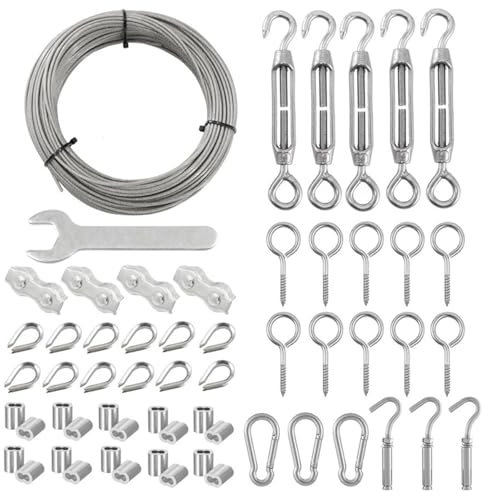 AMEEDA Edelstahl Stahlseil Kit 1 Satz 30 Meter Robustes, beschichtetes Nylon 304 Edelstahl 2 mm Drahtseil M2 Kausche mit Aluminium-Crimp-Spannschloss