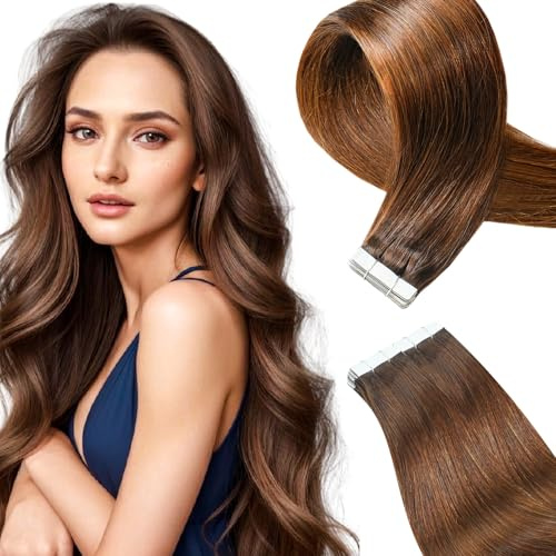 Qingliang Tape Extensions Echthaar Braun Tape in Extensions Seamless 55cm Haarverlängerung Echthaar Tape in Braun Hair Extensions Remy Human Hair Glatt 20pcs 50g #4 Mittel braun 55cm