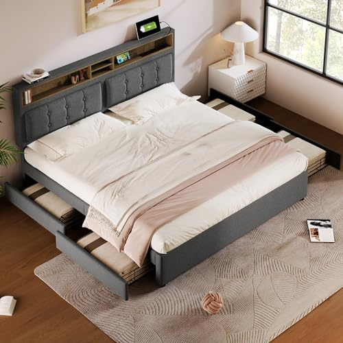 Gegtuon Polsterbett Doppelbett 160x200 cm mit USB-Ladefunktion, Bett mit Stauraum Kopfteil und 4 Schubladen, Jugendbett Bettgestell mit Bettrahmen und Lattenrost aus Holz, Leinen, Grau, ohne Matratze