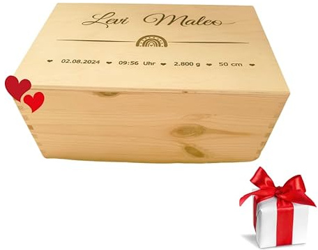 Personalisiertes Baby Erinnerungsbox Holz–Geburtsdaten Kiste mit Name&Regenbogen–Geschenk zur Geburt-Taufe-Baby Aufbewahrungsbox–Holzkiste-Kiste Graviert-Babyzimmer- Name,Datum,Uhrzeit,Gewicht-Größe