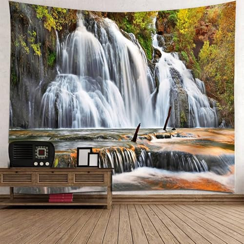 Musihy Natur Wandbehang Wandteppich | Polyester Berg Wasserfall Wandbehang Dekoration für Wohnzimmer Schlafzimmer & Schlafsaal | Weiß Gelb Braun, 300x256cm