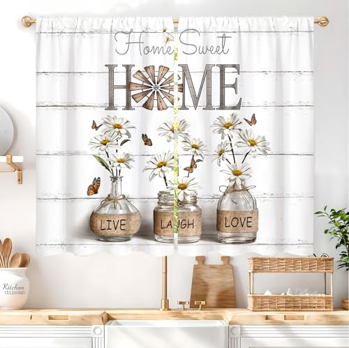 Famiffty Farmhouse Küchengardine mit Gänseblümchen, rustikal, Landhausstil, Retro, Vintage, Zuhause, süß, klein, kurz, Café, Etagen, Fenstervorhänge, Dekoration, neutraler Badezimmervorhang, 69 x 99