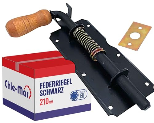 Chle-Mar Federriegel 210 mm schwarzer Schieberiegel mit Federmechanismus | Torverriegelung, Ideal für Türen, Tore, Gartentore & Ställe, Türriegel mit Holz- oder Kunststoffgriff, Federbolzen