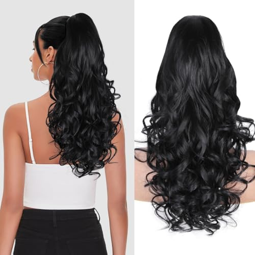 24 Inch Black Ponytail Extension, Layered Pony Tail Hair Pieces for Women, Soft Wavy Claw Clip Ponytail Hair Extensions, Natural Synthetic Hair Pieces for Women Clip In (Color: Black)