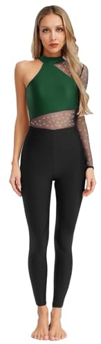 iiniim Damen Turnanzug Ganzkörper Gymnastikanzug Strass Glitzer Ballettanzug Ein-Schulter Langarm Eiskunstlauf Body Overall Jumpsuit Wettbewerb Tanzkostüm Dunkelgrün M