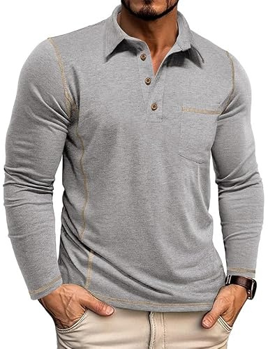 Volemo Polotröja, herr, långärmad pikétröja, t-shirts för män, sport, slim fit, golf, pikétröja, GRÅ, XXL