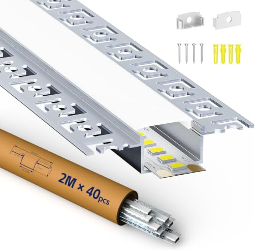 HOOLED LED Profil 2 m für LED - Streifen 40 Stück Trockenbauprofil (Lamellen 64mm) Geeignet für alle Streifen bis 20mm Mit milchweißer PC-Abdeckung
