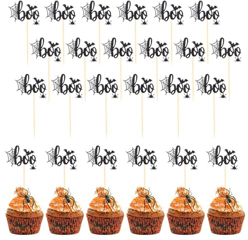 24stk Boo Cupcake Topper, Halloween Spinnennetz Boo Cupcake Picks Lustige Halloween Geburtstagstorten Dekorationen Geeignet für Babyparty Partyzubehör
