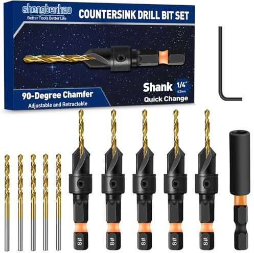 Countersink Drill Bit Set for #8, 12 PCS Counter Sink Drill Bits, Quick Release Countersink Set, 1/4 Inch Hex Shank, Magnetic Extension Adjustable bit Holder for Woodworking | Counter Sink Drill Bit with Magnetic Extension Bit Holder and 1/4” Hex Shank Quick Change for Woodworking