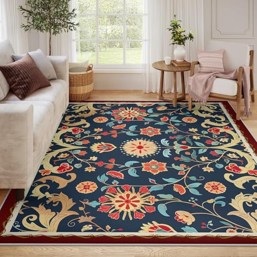 Alfombra Floral Oriental Lujosa Flores Hojas de Enredadera Alfombra Lavable para Dormitorio Alfombras Lavable para la Entrada Cocina Esterilla Antideslizante Suave Azul 180x240cm