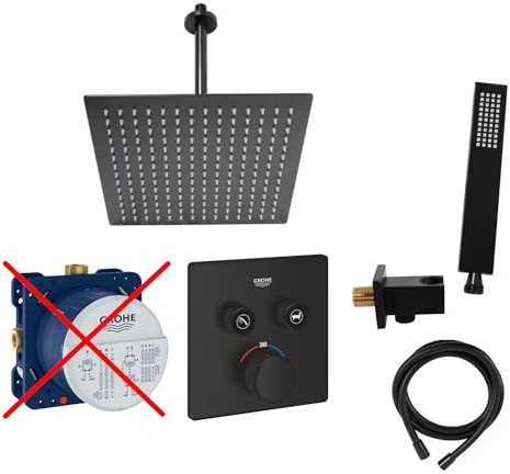vanvilla Duschsystem Unterputz mit Duscharmatur Grohe schwarz GS32-ob | Duscharmatur von Grohe SmartControl Thermostat Armatur und vanvilla Regendusche Duschkopf eckig, Dusch-SET schwarz
