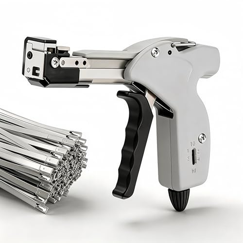 Alicates para Bridas, Juego de Pistola para Sujetacables Metálicas con 200 Bridas de Acero Inoxidable Alicates para Sujetacables de 4 Etapas con Herramienta Automática de Tensado y Corte