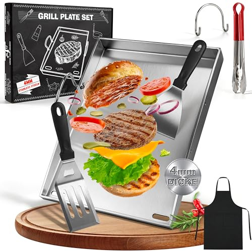 JONRRYIN Plancha Grillplatte Edelstahl [40 x 30cm], 4mm Massive Grillplatte Edelstahl mit Abnehmbarem Griff, Verzugsfreier Plancha Gasgrill mit Grillspachtel Set, Grillmatte für Gas- & Kohlegrill
